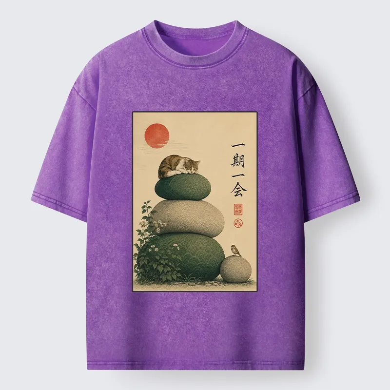 Tokyo-Tiger Peaceful Sleep Kitty Zen Garden Graphic Washed T-Shirt