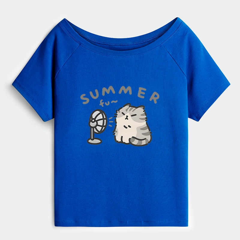 Tokyo-Tiger Summer Cat Chills With A Fan Off Shoulder T-Shirt