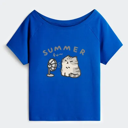 Tokyo-Tiger Summer Cat Chills With A Fan Off Shoulder T-Shirt