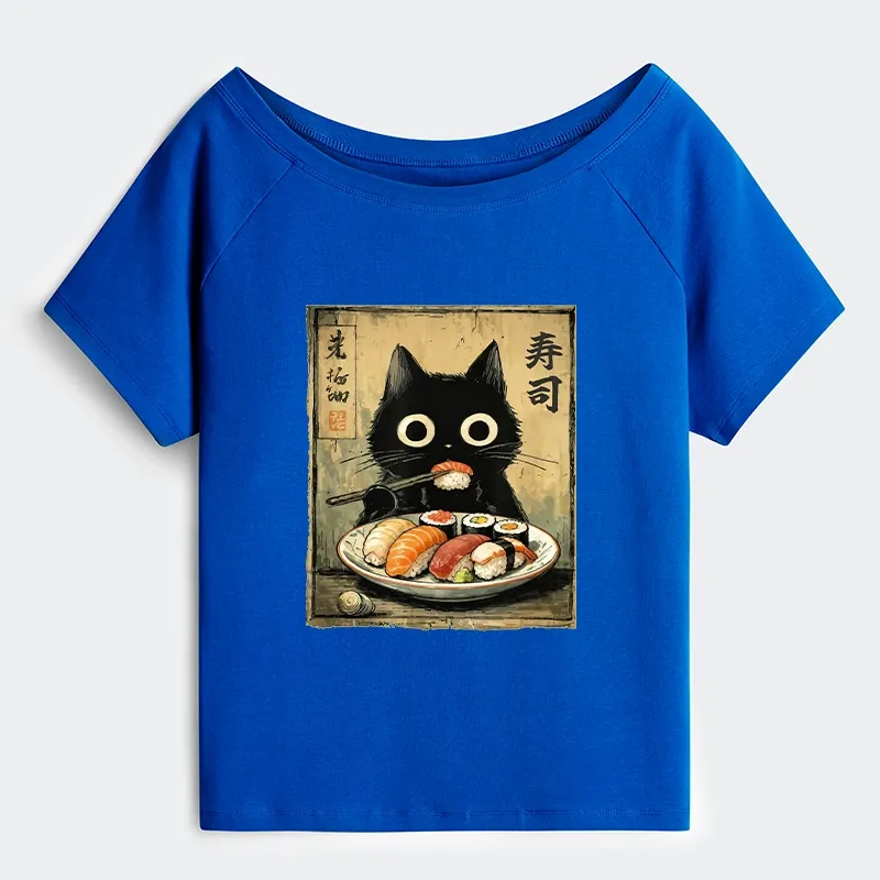 Tokyo-Tiger Vintage Japanese Sushi Cat Off Shoulder T-Shirt Sale