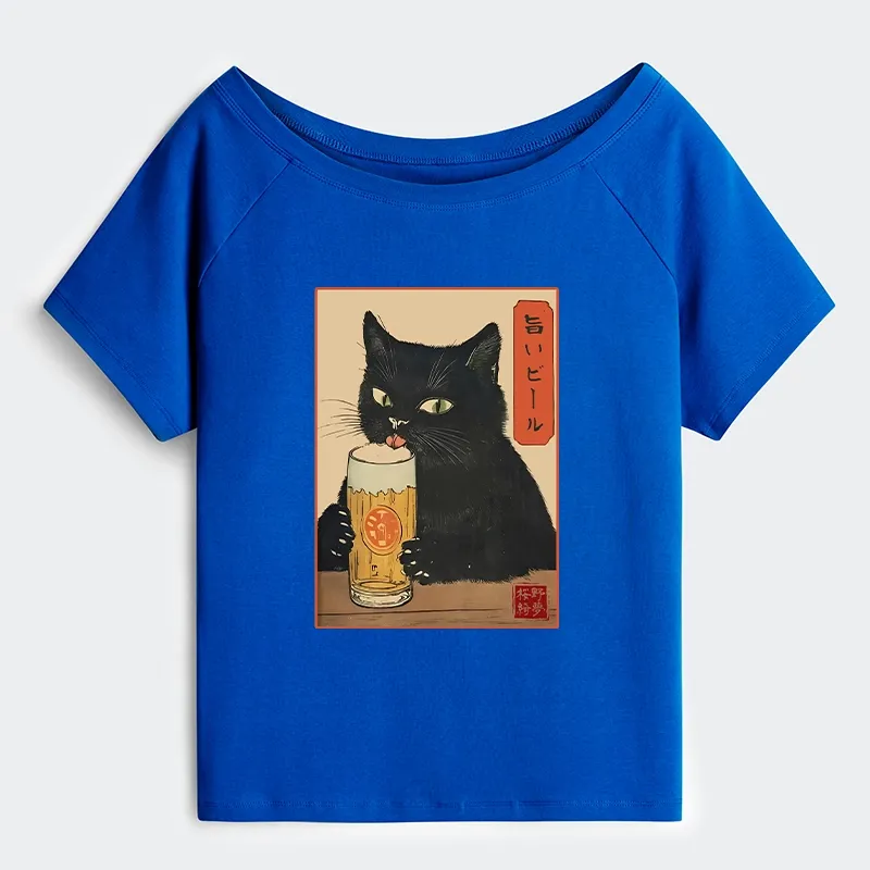 Tokyo-Tiger Cat Holding A Glass Of Beer Off Shoulder T-Shirt
