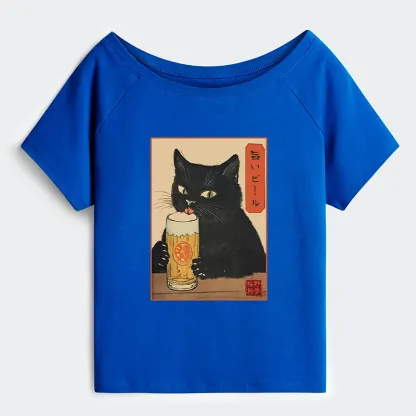 Tokyo-Tiger Cat Holding A Glass Of Beer Off Shoulder T-Shirt
