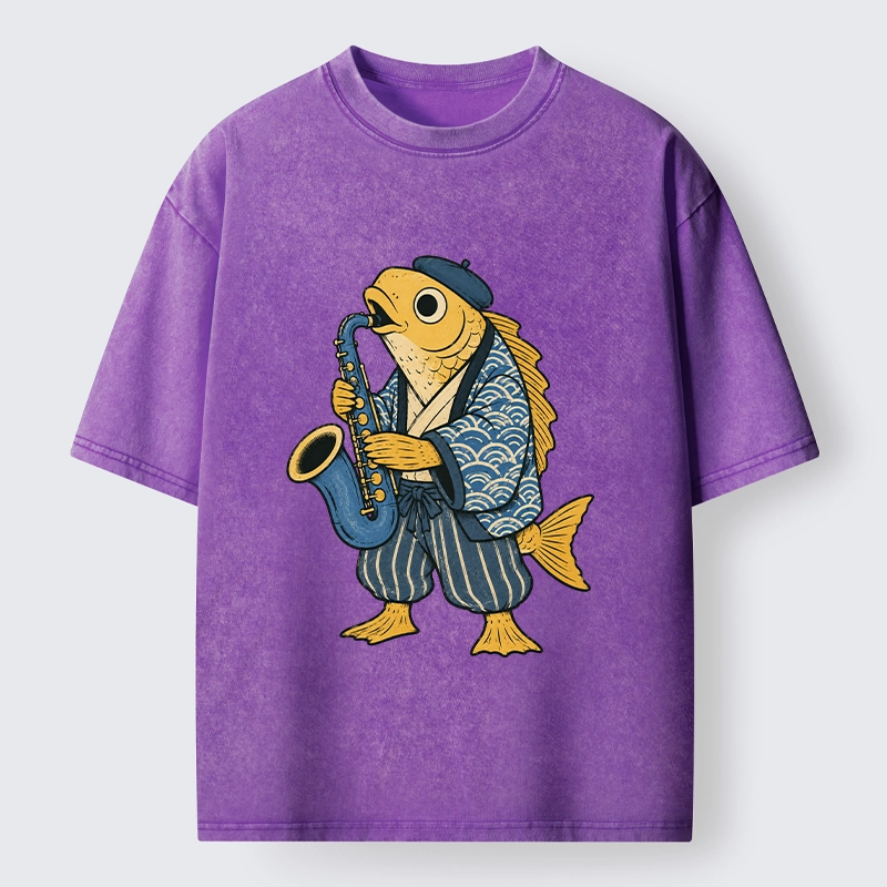 Tokyo-Tiger Jazz Sax Fish Vintage Japanese Ukiyo Art Washed T-Shirt