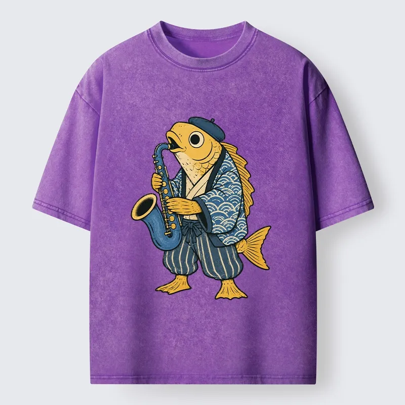 Tokyo-Tiger Jazz Sax Fish Vintage Japanese Ukiyo Art Washed T-Shirt