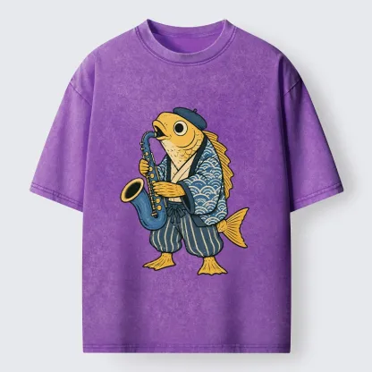Tokyo-Tiger Jazz Sax Fish Vintage Japanese Ukiyo Art Washed T-Shirt