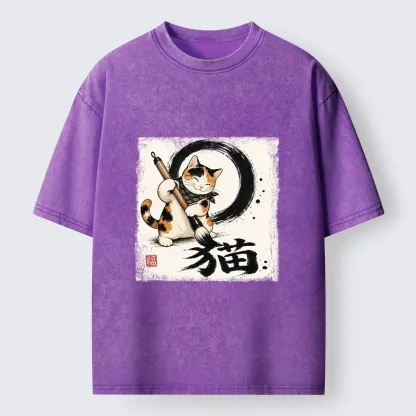 Tokyo-Tiger Calico Cat Writing Chinese Cat Kanji Washed T-Shirt