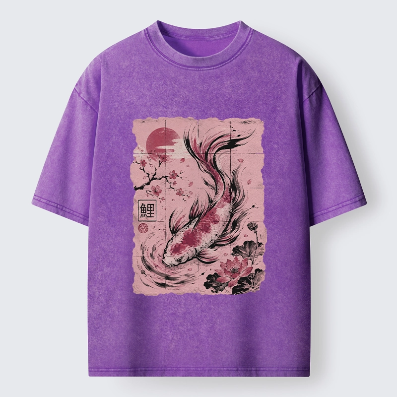 Tokyo-Tiger Sakura Lotus Koi Old Scroll Asian Tee Washed T-Shirt