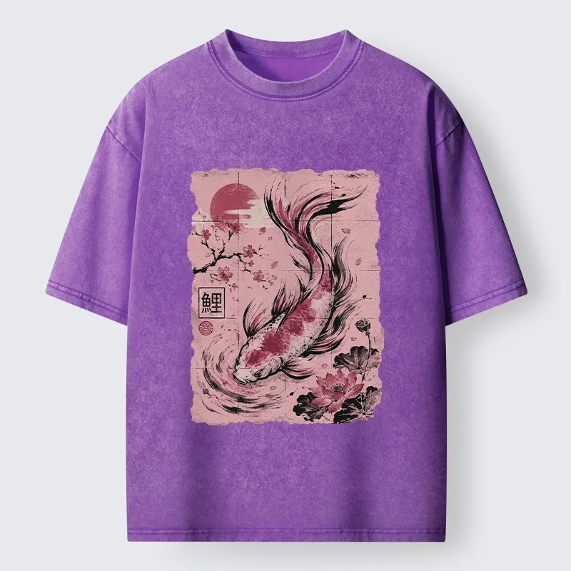 Tokyo-Tiger Sakura Lotus Koi Old Scroll Asian Tee Washed T-Shirt