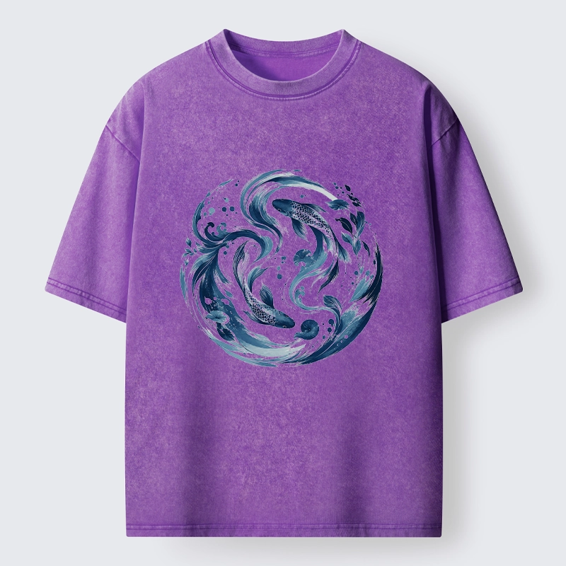 Tokyo-Tiger Monochrome Blue Yin Yang Fish Tee Washed T-Shirt