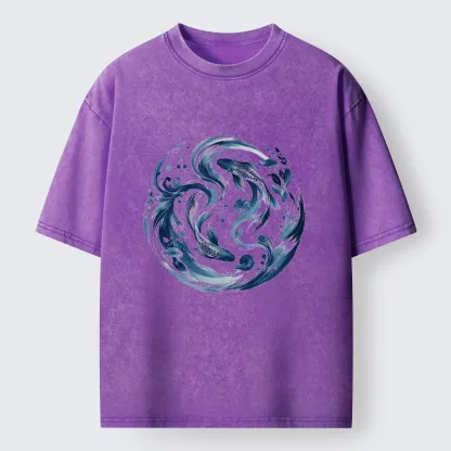 Tokyo-Tiger Monochrome Blue Yin Yang Fish Tee Washed T-Shirt