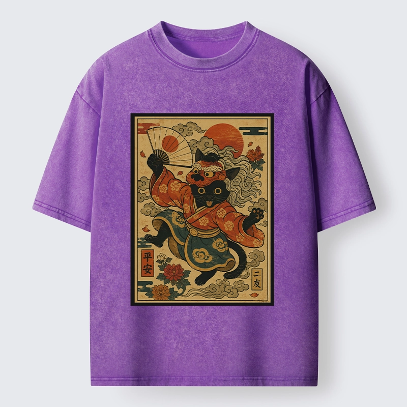Tokyo-Tiger Kimono Cat Fan Peony Lucky Peace Print Washed T-Shirt