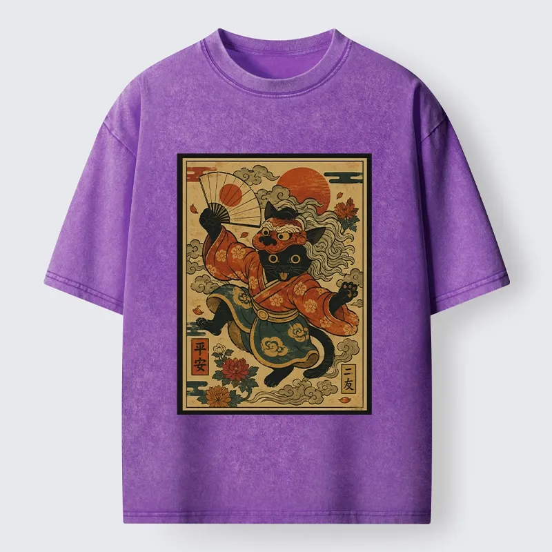 Tokyo-Tiger Kimono Cat Fan Peony Lucky Peace Print Washed T-Shirt