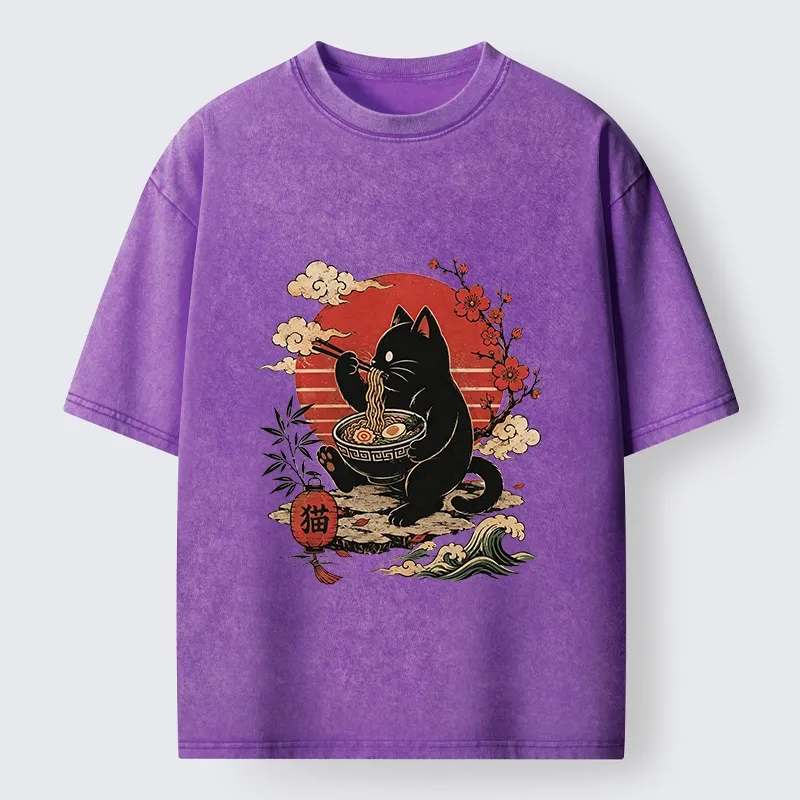 Tokyo-Tiger Black Cat Eating Ramen Cherry Blossom Art Washed T-Shirt