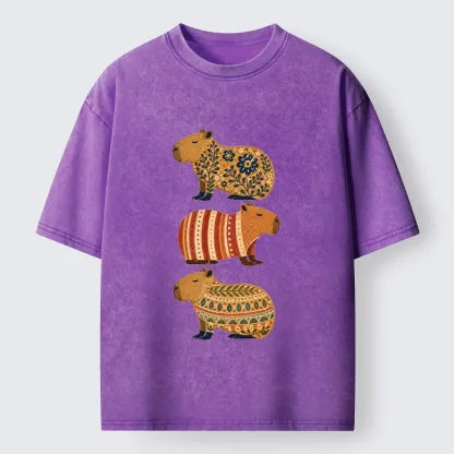 Tokyo-Tiger Folk Floral Striped Capybara Trio Print Washed T-Shirt