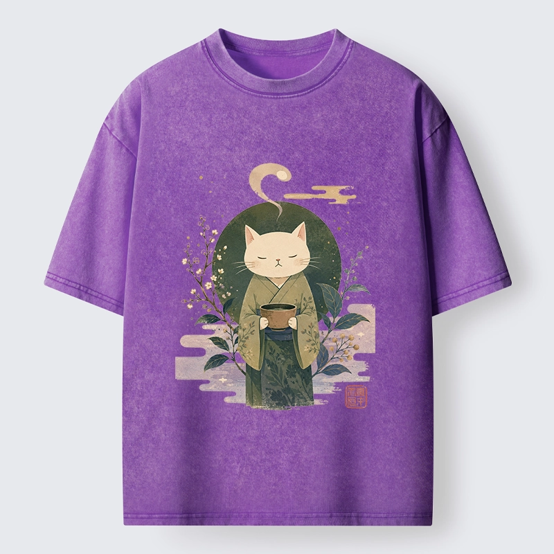 Tokyo-Tiger Soft Green Zen Cat Tea Blossom Stamp Art Washed T-Shirt