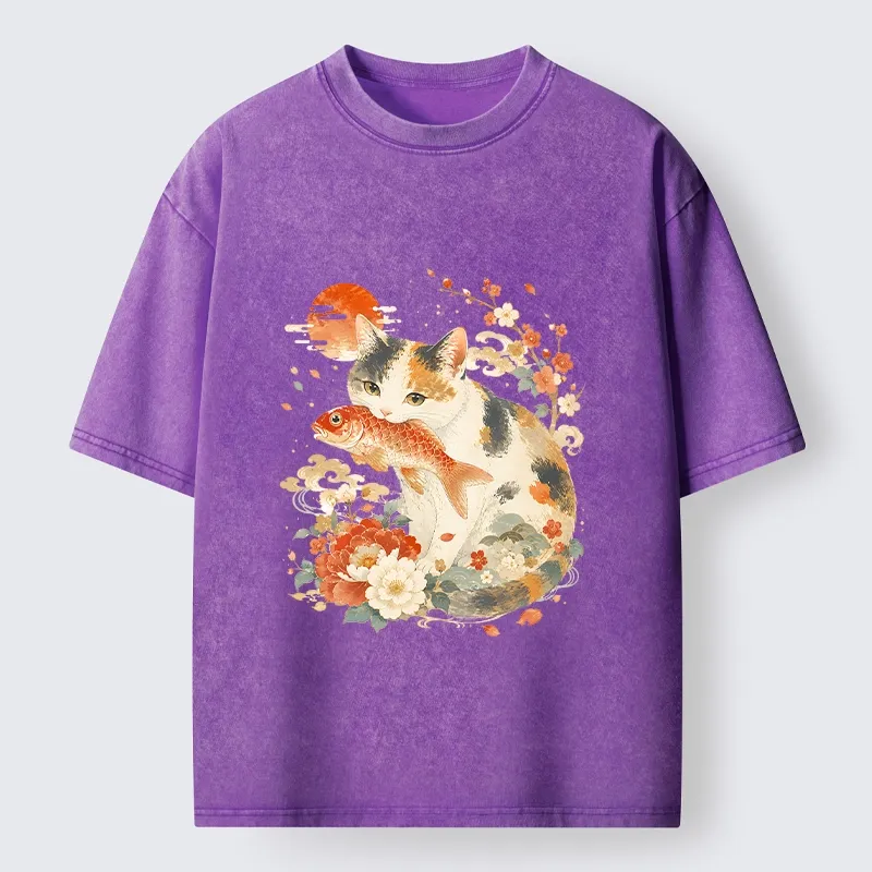 Tokyo-Tiger Traditional Japanese Cat Koi Bloom Art Washed T-Shirt