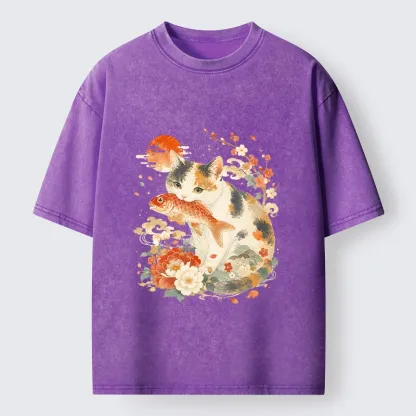 Tokyo-Tiger Traditional Japanese Cat Koi Bloom Art Washed T-Shirt