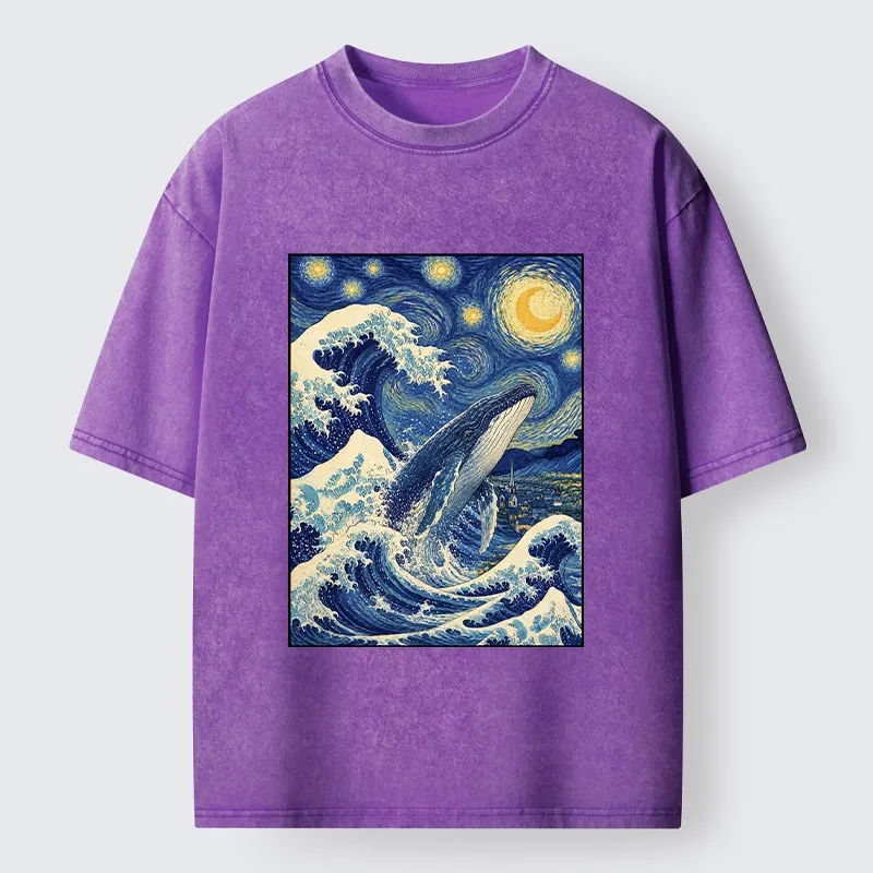 Tokyo-Tiger Starry Wave Whale Classic Art Mix Washed T-Shirt