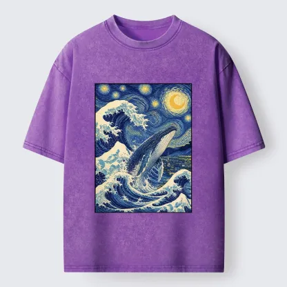 Tokyo-Tiger Starry Wave Whale Classic Art Mix Washed T-Shirt