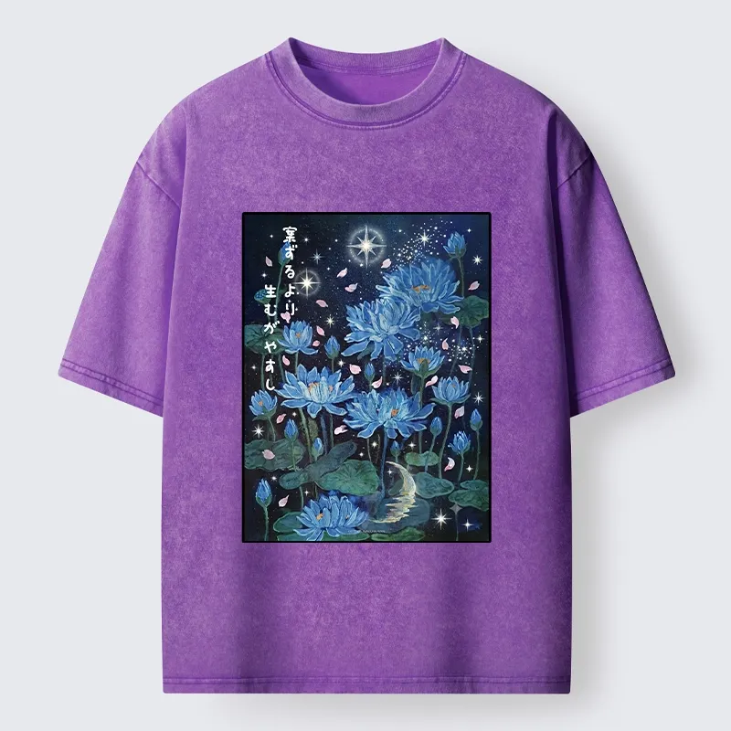 Tokyo-Tiger Night Lotus Star Soft Zen Graphic Washed T-Shirt