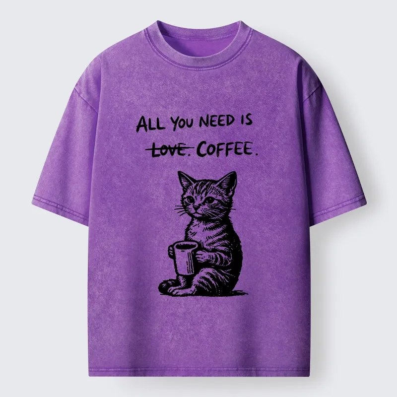 Tokyo-Tiger Cute Cat Coffee Daily Happy Vibe Washed T-Shirt