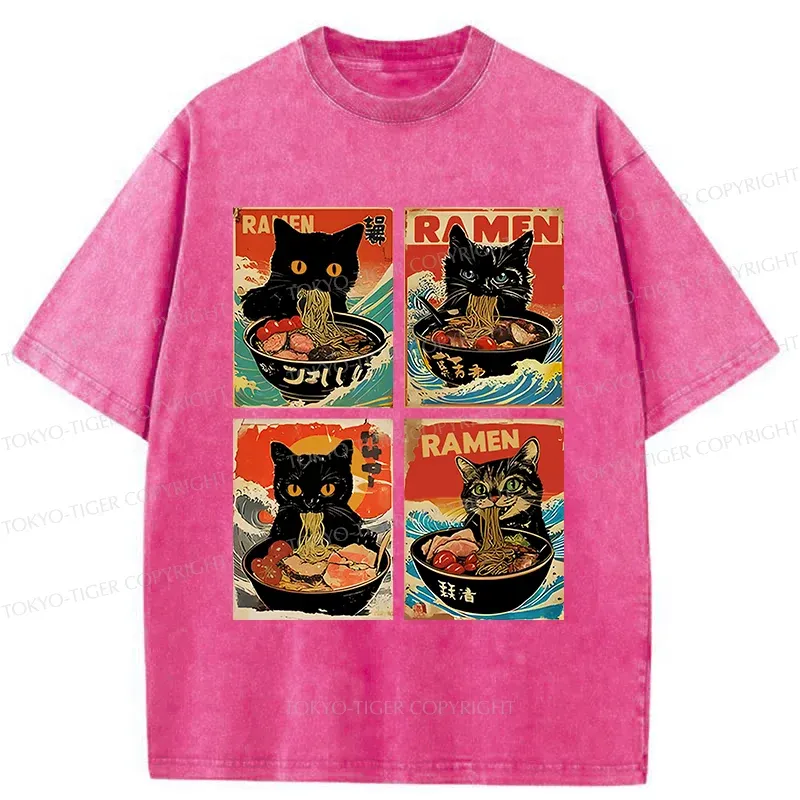 Tokyo-Tiger Four Cats Eating Ramen Washed T-Shirt