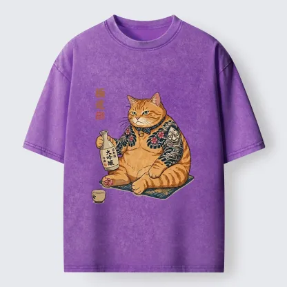 Tokyo-Tiger Traditional Japanese Cat Sake Tee Washed T-Shirt