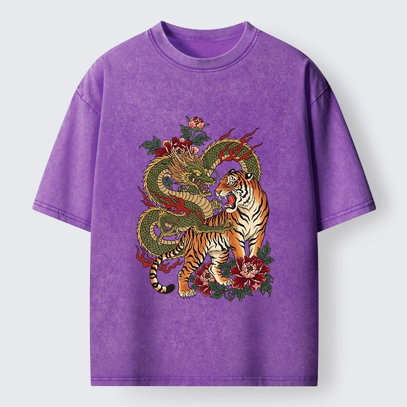 Tokyo-Tiger Vintage Asian Dragon Tiger Floral Vibe Washed T-Shirt