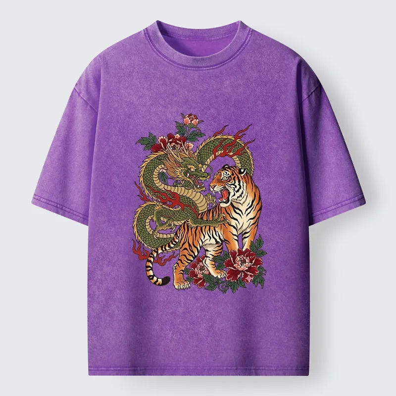 Tokyo-Tiger Vintage Asian Dragon Tiger Floral Vibe Washed T-Shirt