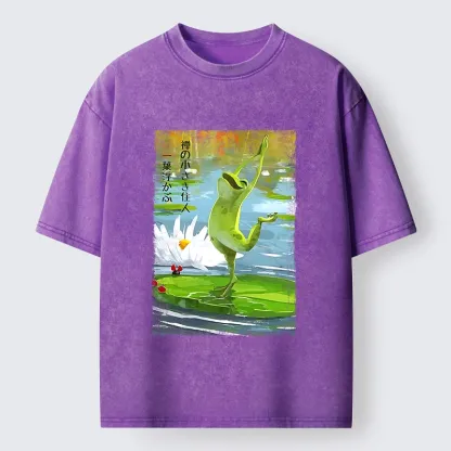 Tokyo-Tiger Yoga Frog Lotus Zen Funny Meme Washed T-Shirt