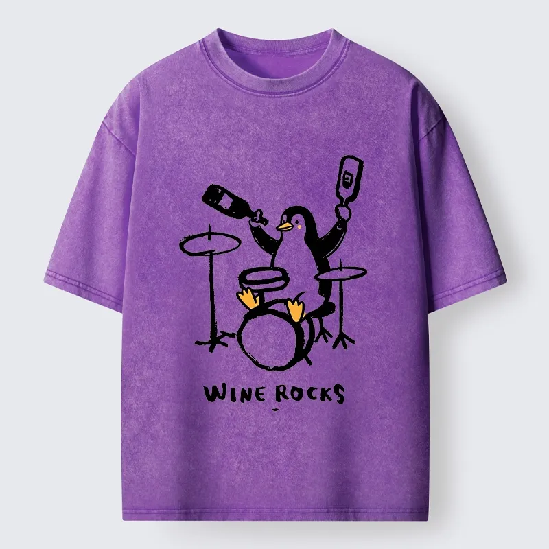 Tokyo-Tiger Cute Penguin Play Drum Drink Wine Print Washed T-Shirt Sale