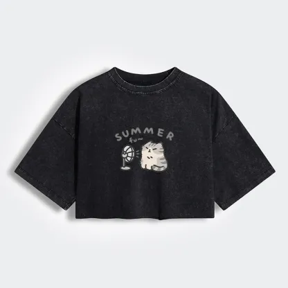 Tokyo-Tiger Summer Cat Chills With A Fan Women's Washed Crop T-Shirt