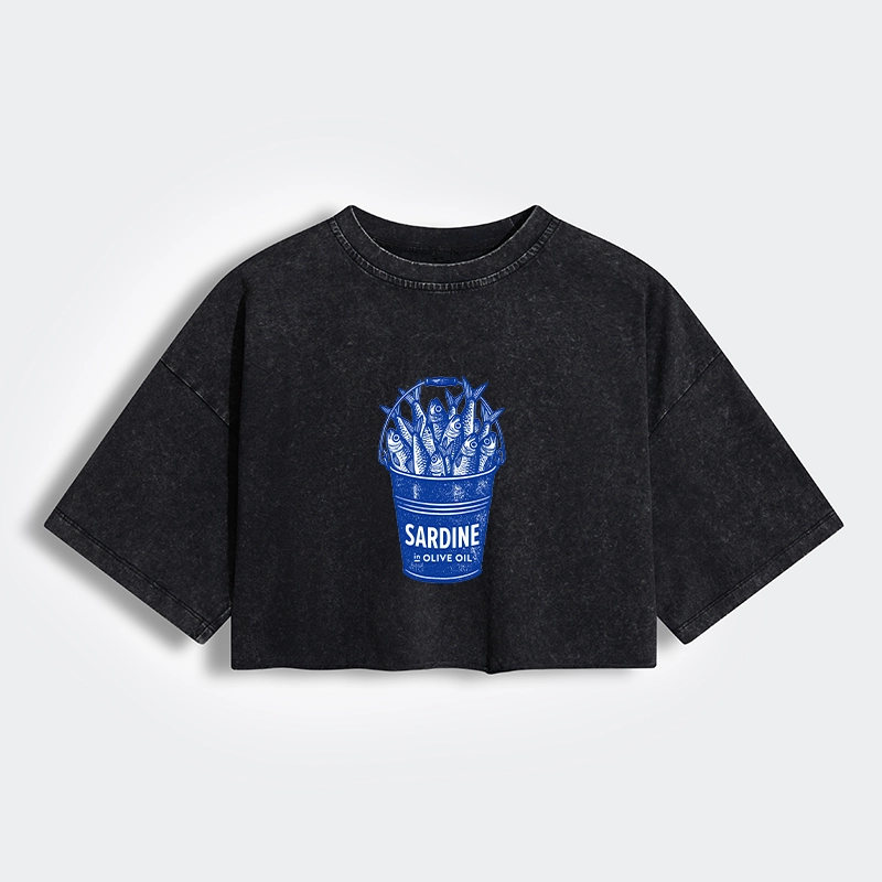 Tokyo-Tiger Vintage Bucket Full Of Fresh Sardines Women's Washed Crop T-Shirt