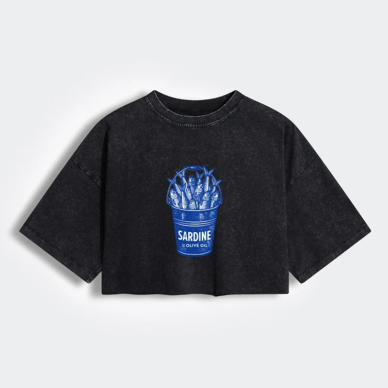 Tokyo-Tiger Vintage Bucket Full Of Fresh Sardines Women's Washed Crop T-Shirt