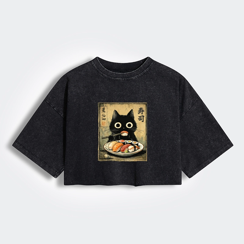 Tokyo-Tiger Vintage Japanese Sushi Cat Women's Washed Crop T-Shirt