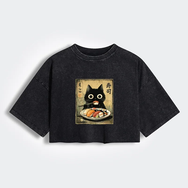 Tokyo-Tiger Vintage Japanese Sushi Cat Women's Washed Crop T-Shirt
