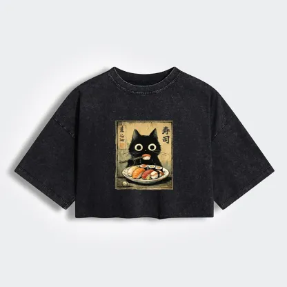 Tokyo-Tiger Vintage Japanese Sushi Cat Women's Washed Crop T-Shirt