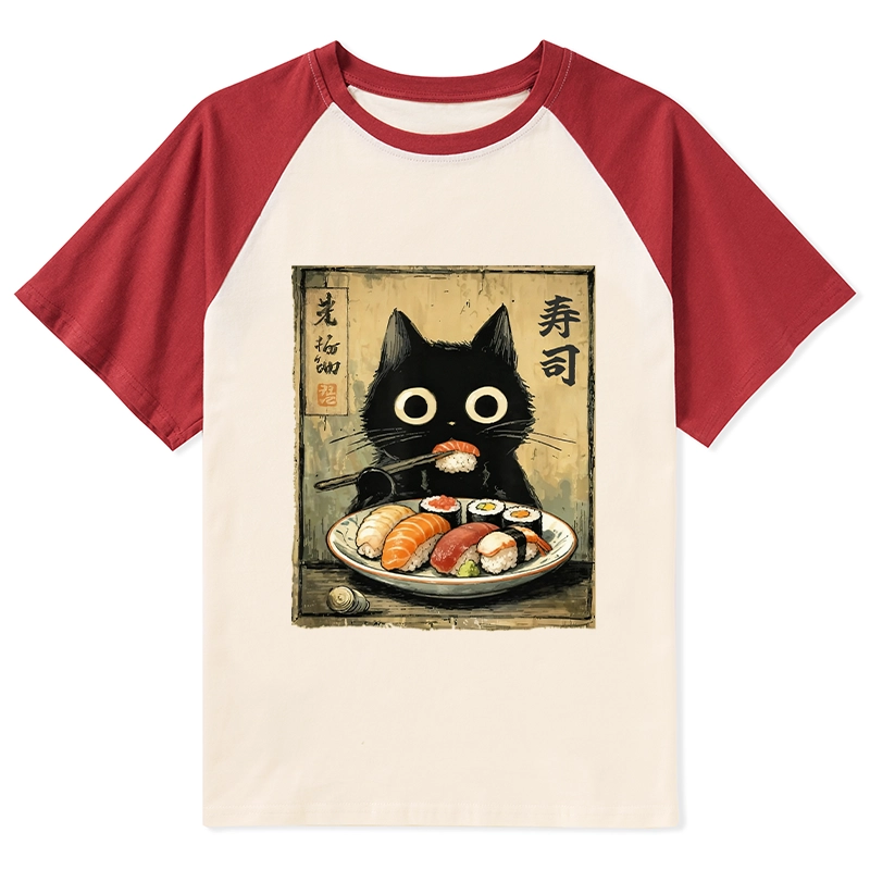 Tokyo-Tiger Vintage Japanese Sushi Cat Raglan T-shirt