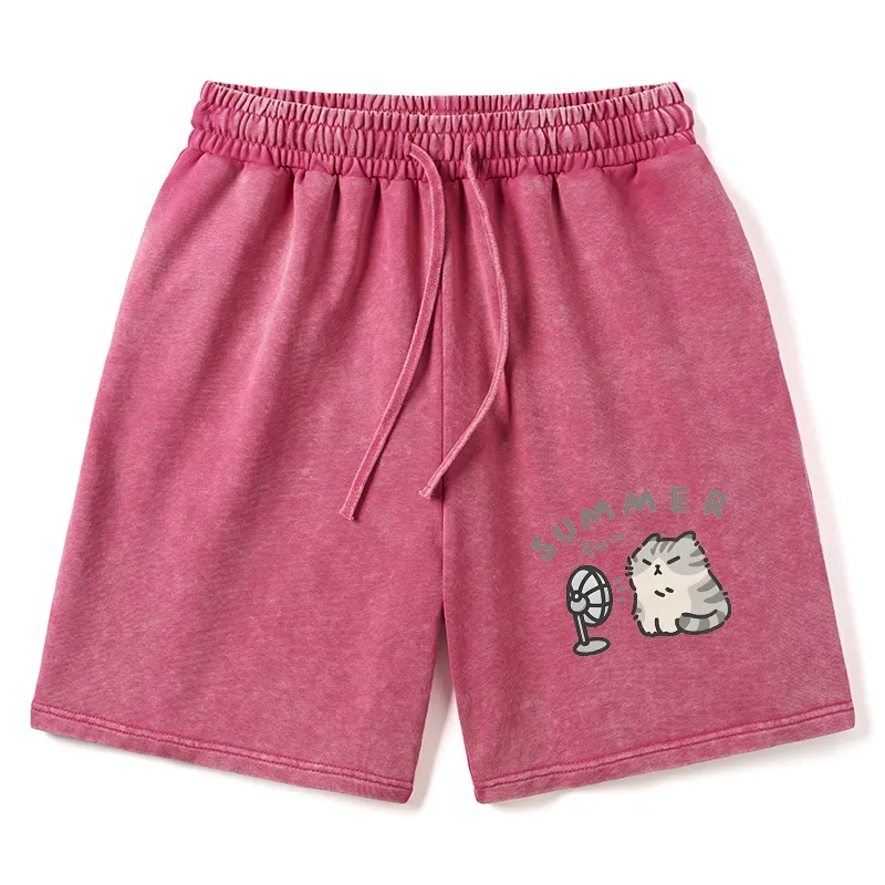 Tokyo-Tiger Summer Cat Chills With A Fan Washed Shorts