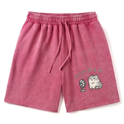 Tokyo-Tiger Summer Cat Chills With A Fan Washed Shorts