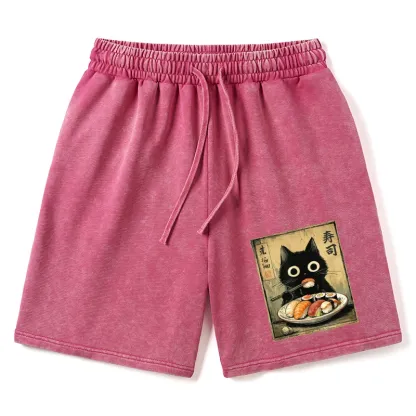 Tokyo-Tiger Vintage Japanese Sushi Cat Washed Shorts