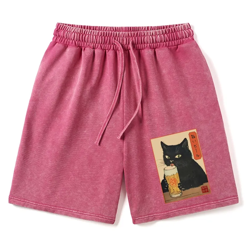 Tokyo-Tiger Cat Holding A Glass Of Beer Washed Shorts