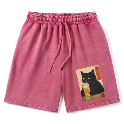 Tokyo-Tiger Cat Holding A Glass Of Beer Washed Shorts
