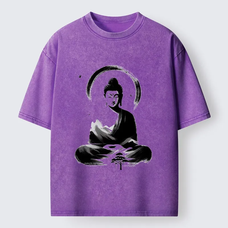 Tokyo-Tiger Serene Mountain Buddha Zen Art Washed T-Shirt
