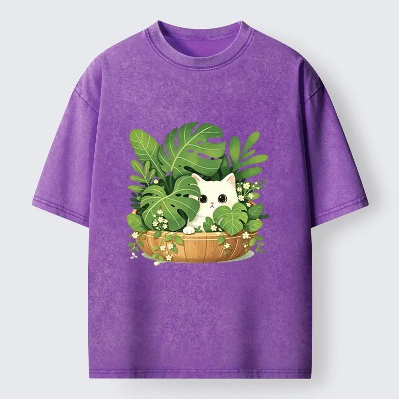Tokyo-Tiger Sweet White Cat Green Plant Vibe Washed T-Shirt
