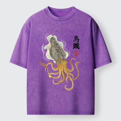 Tokyo-Tiger Ink Style Cuttlefish Japan Art Washed T-Shirt