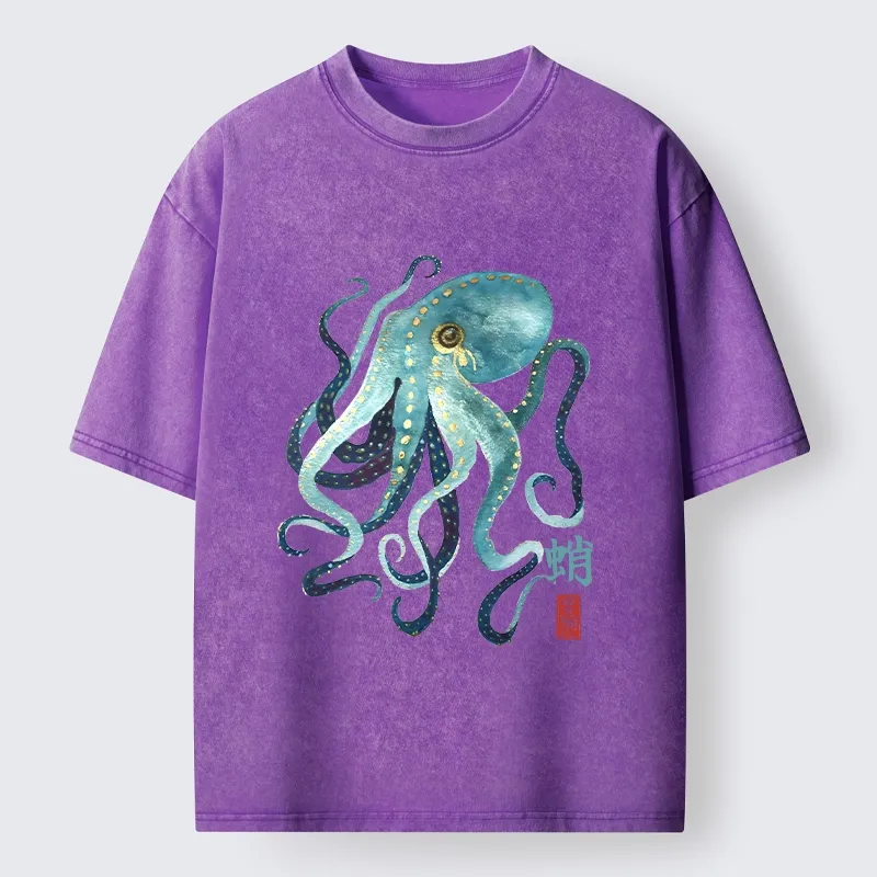 Tokyo-Tiger Soft Watercolor Octopus Japanese Art Washed T-Shirt