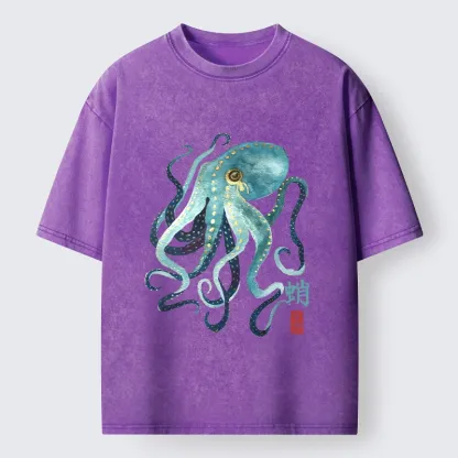 Tokyo-Tiger Soft Watercolor Octopus Japanese Art Washed T-Shirt