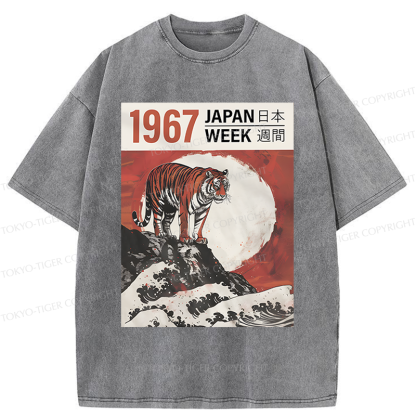 Tokyo-Tiger Japanese Style Ukiyo-e Tiger Washed T-Shirt