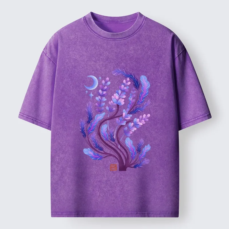 Tokyo-Tiger Peaceful Purple Floral Night Art Washed T-Shirt